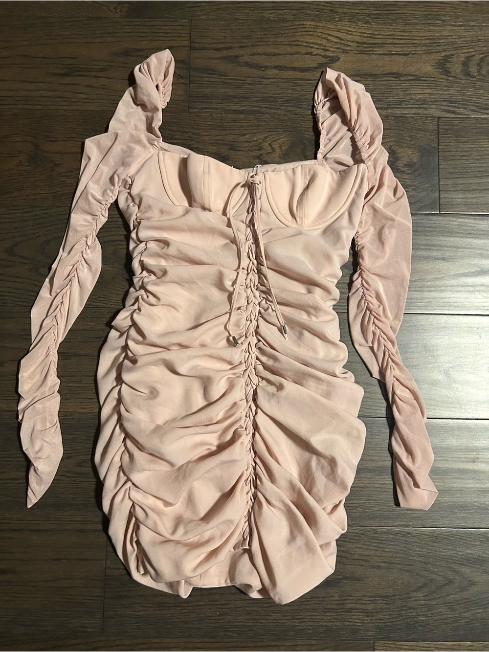 Oh Polly Nude Blush Ruched Lace-Up Long Sleeve Bodycon Dress - Picture 4 of 6